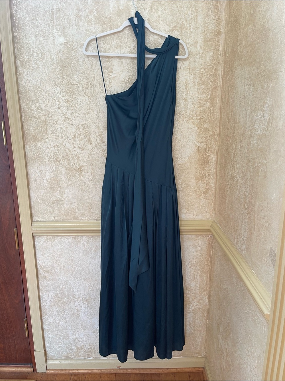 BHLDN One-Shoulder Scarf-Neck Asymmetric Formal Maxi Dress Teal Green Sz M - Picture 3 of 16